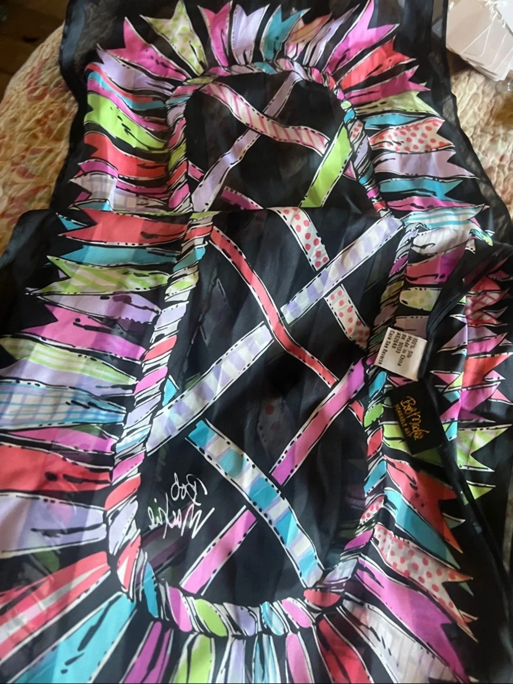 Bob Mackie Colorful Feather-Print Sheer Scarf - Black Multi 100% silk